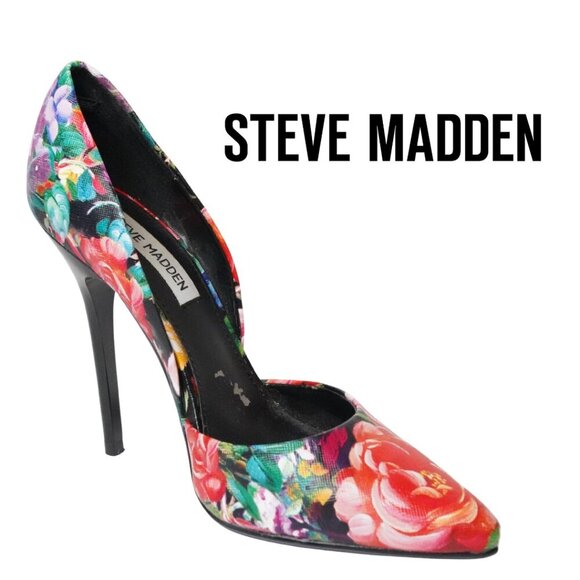 Steve Madden, Varcityy, D'Orsay Floral Rose Stiletto High Heel Pumps, Black, Red - Picture 1 of 11